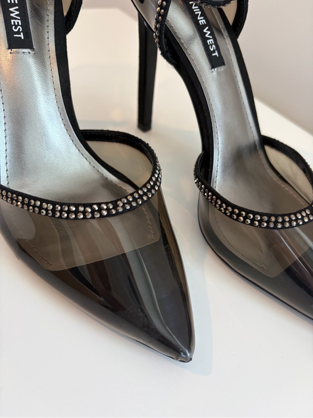 Nine West Black Sheer Pointed Ankle-Strap Pump with Rhinestone Trim